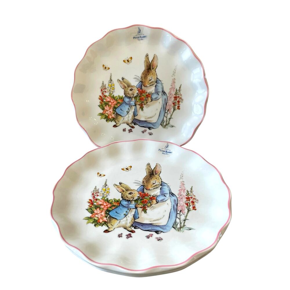 NEW Beatrix Potter Peter Rabbit and Mom Pink Edge Easter Dinner Plates Set of 4